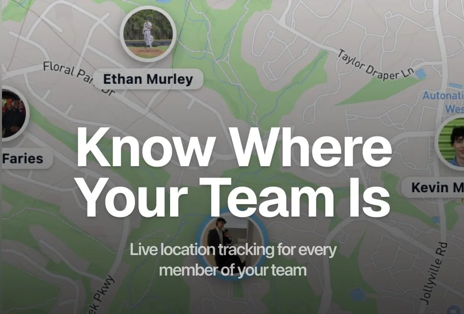 The Flyra map with live photo markers showing where each teammate is