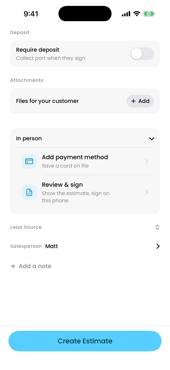 The In person card on an estimate: Add payment method to save a card on file, and Review & sign to show the estimate and sign on this phone