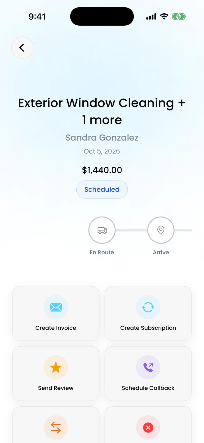 A job in the Flyra app: Exterior Window Cleaning, $1,440.00, Scheduled, with En Route and Arrive, then Create Invoice and Create Subscription