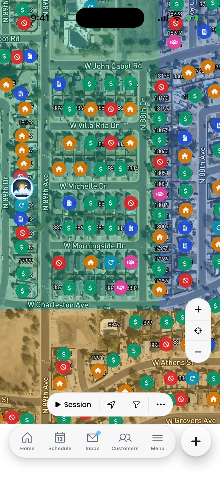 The map in the Flyra app: door pins for sales, quotes and not home, inside colored territories