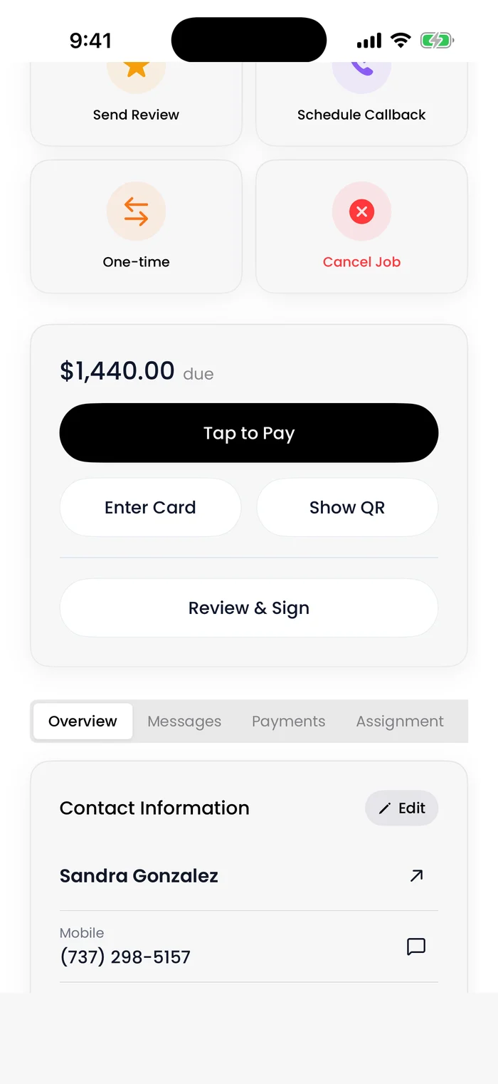 A job's payment card in the Flyra app: $1,440.00 due, Tap to Pay, Enter Card, Show QR and Review & Sign