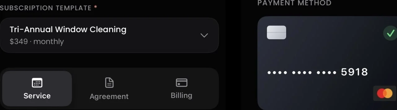 The new subscription flow: a subscription template with Service, Agreement and Billing steps, and a card saved on file