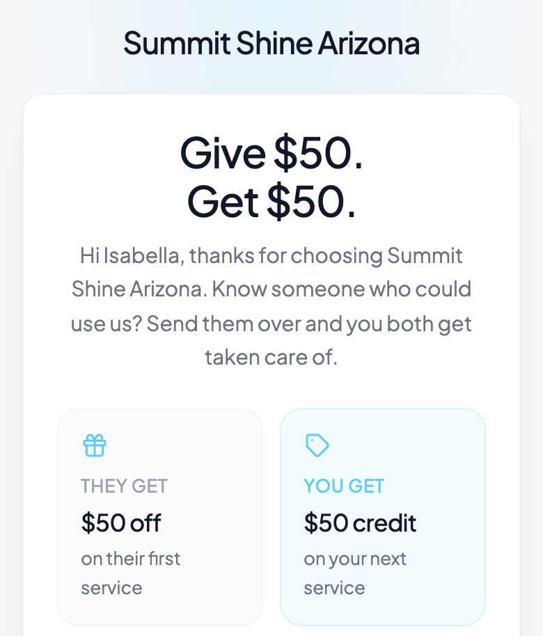 A customer referral page: Give $50, get $50, with what each side gets